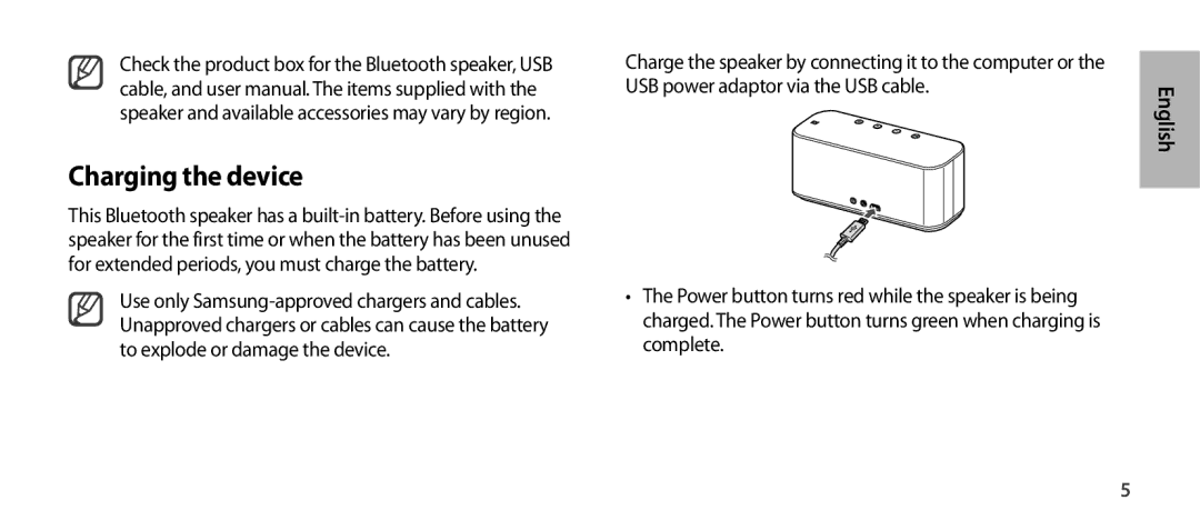 Samsung EO-SG900DSEDWW, EO-SG900DSEGWW, EO-SG900DREGWW, EO-SG900DBEGWW, EO-SG900DLEGWW manual Charging the device, English 