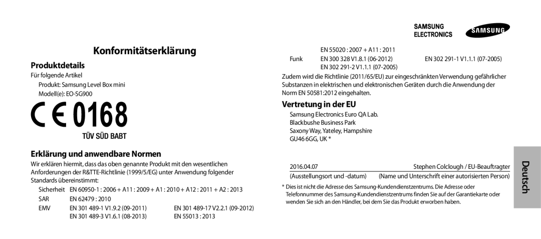 Samsung EO-SG900DBEGRU manual Konformitätserklärung, Produktdetails, Erklärung und anwendbare Normen, Vertretung in der EU 