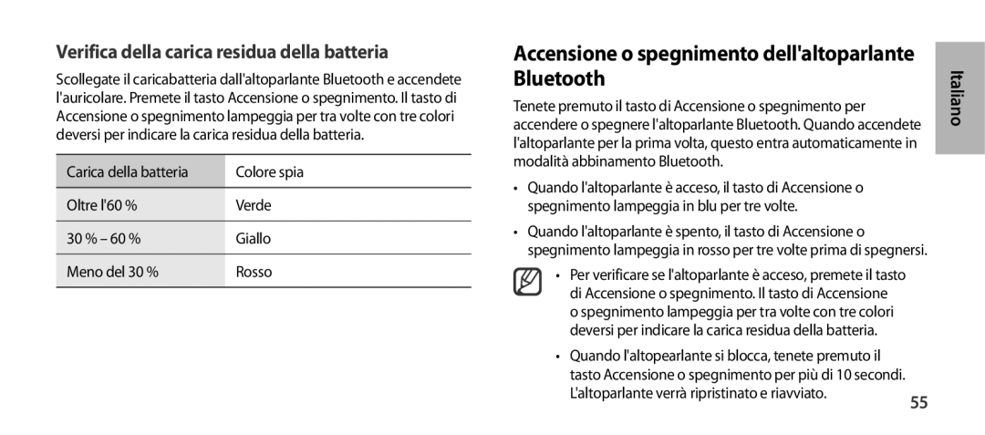 Samsung EO-SG900DLEGWW Accensione o spegnimento dellaltoparlante Bluetooth, Verifica della carica residua della batteria 