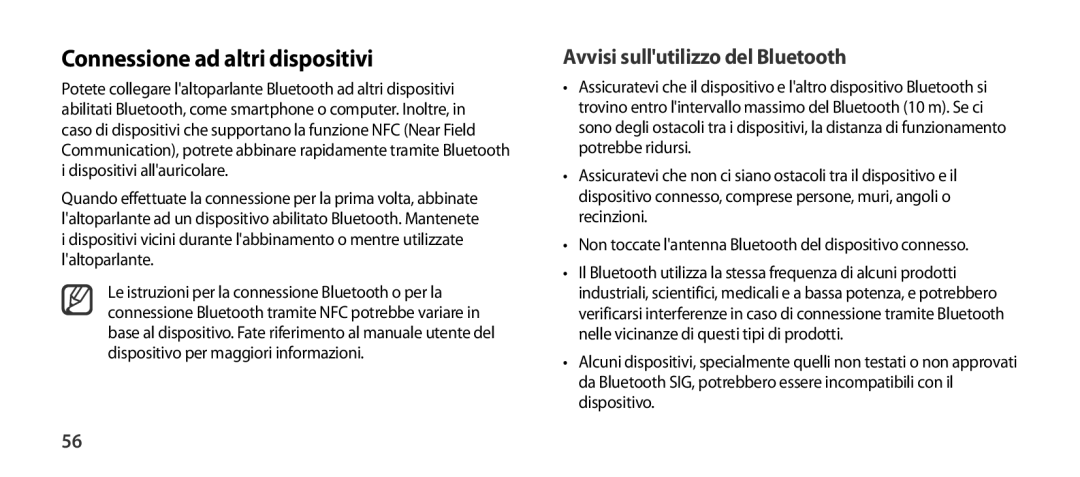 Samsung EO-SG900DSEGWW, EO-SG900DREGWW manual Connessione ad altri dispositivi, Avvisi sullutilizzo del Bluetooth 