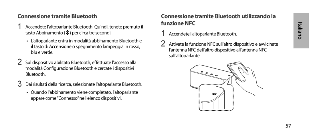 Samsung EO-SG900DSEDWW, EO-SG900DSEGWW, EO-SG900DREGWW manual Connessione tramite Bluetooth utilizzando la funzione NFC 