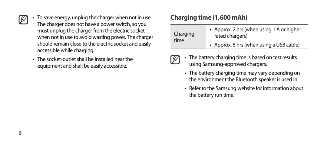 Samsung EO-SG900DREDWW, EO-SG900DSEGWW, EO-SG900DREGWW, EO-SG900DBEGWW manual Charging time 1,600 mAh, Rated chargers, Time 