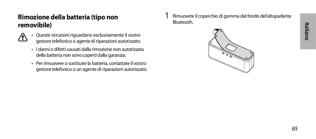 Samsung EO-SG900DSEGWW, EO-SG900DREGWW, EO-SG900DBEGWW manual Rimozione della batteria tipo non removibile, Bluetooth 