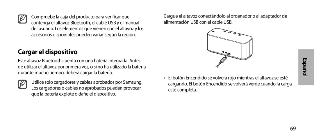 Samsung EO-SG900DSEGWW, EO-SG900DREGWW, EO-SG900DBEGWW, EO-SG900DLEGWW, EO-SG900DSEDWW manual Cargar el dispositivo, Español 