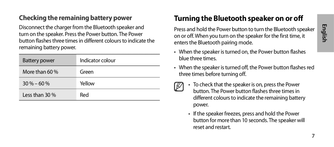 Samsung EO-SG900DBEDWW, EO-SG900DSEGWW manual Turning the Bluetooth speaker on or off, Checking the remaining battery power 