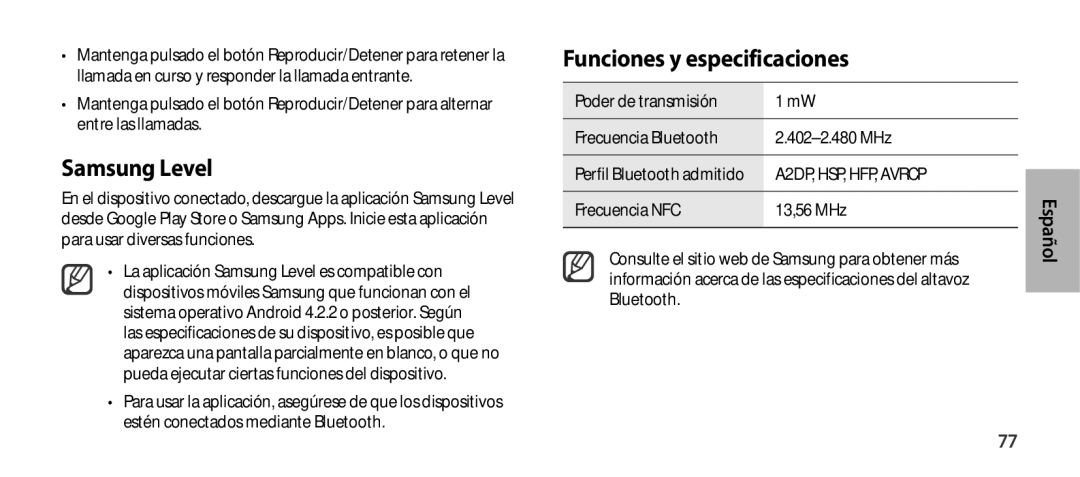 Samsung EO-SG900DBEGRU manual Funciones y especificaciones, Poder de transmisión Frecuencia Bluetooth 402-2.480 MHz 