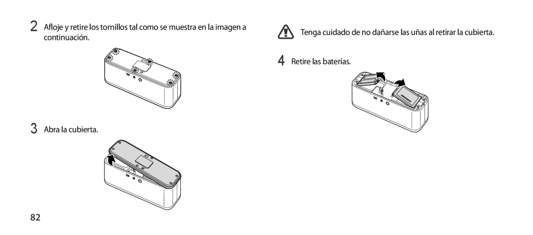 Samsung EO-SG900DSEGWW, EO-SG900DREGWW, EO-SG900DBEGWW manual Continuación, Retire las baterías, Abra la cubierta 