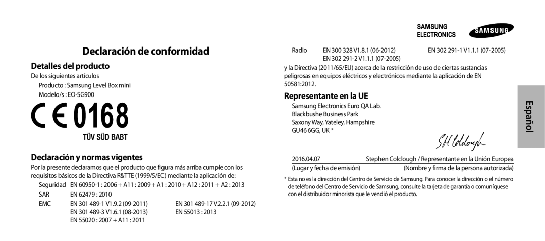 Samsung EO-SG900DSEDWW, EO-SG900DSEGWW Declaración de conformidad, Detalles del producto, Declaración y normas vigentes 