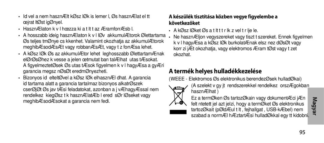 Samsung EO-SG900 manual Termék helyes hulladékkezelése, Készülék tisztítása közben vegye figyelembe a következőket 