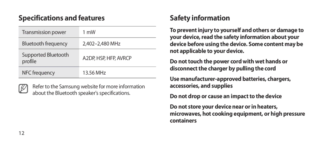 Samsung EO-SG900DSEGWW, EO-SG900DREGWW, EO-SG900DBEGWW, EO-SG900DLEGWW Specifications and features, Safety information 