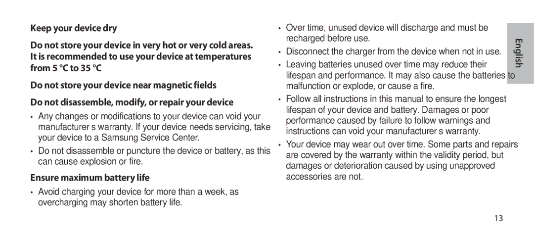 Samsung EO-SG900DSEDWW, EO-SG900DSEGWW, EO-SG900DREGWW, EO-SG900DBEGWW, EO-SG900DLEGWW manual Ensure maximum battery life 