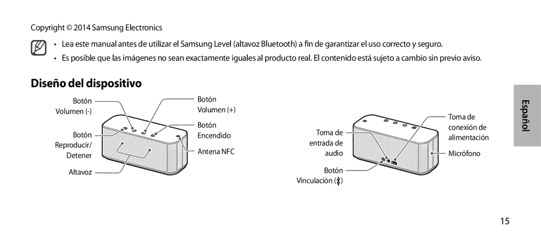 Samsung EO-SG900DBEDWW, EO-SG900DSEGWW, EO-SG900DREGWW, EO-SG900DBEGWW, EO-SG900DLEGWW manual Diseño del dispositivo, Español 