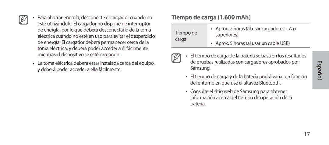 Samsung EO-SG900DSEGWW, EO-SG900DREGWW, EO-SG900DBEGWW, EO-SG900DLEGWW, EO-SG900DSEDWW manual Tiempo de carga 1.600 mAh 