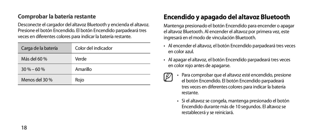 Samsung EO-SG900DREGWW, EO-SG900DSEGWW manual Encendido y apagado del altavoz Bluetooth, Comprobar la batería restante 