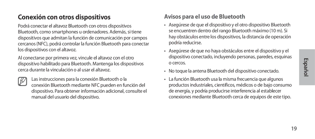 Samsung EO-SG900DBEGWW, EO-SG900DSEGWW, EO-SG900DREGWW Conexión con otros dispositivos, Avisos para el uso de Bluetooth 