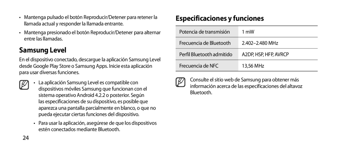 Samsung EO-SG900DBEDWW, EO-SG900DSEGWW, EO-SG900DREGWW, EO-SG900DBEGWW manual Samsung Level, Especificaciones y funciones 