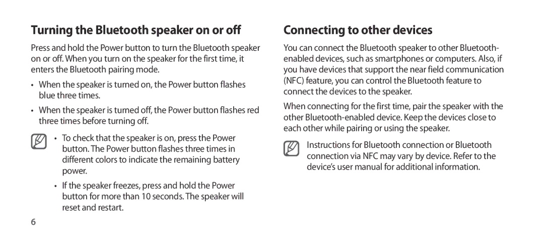 Samsung EO-SG900DBEDWW, EO-SG900DSEGWW, EO-SG900DREGWW Connecting to other devices, Turning the Bluetooth speaker on or off 