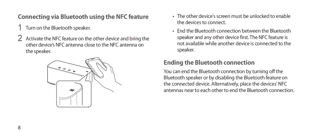 Samsung EO-SG900DSEGWW, EO-SG900DREGWW Ending the Bluetooth connection, Connecting via Bluetooth using the NFC feature 