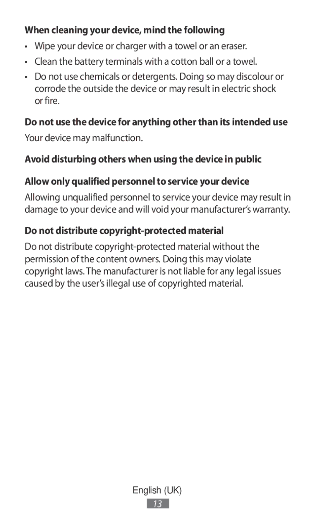 Samsung EB-PN920RPEGWW manual When cleaning your device, mind the following, Do not distribute copyright-protected material 