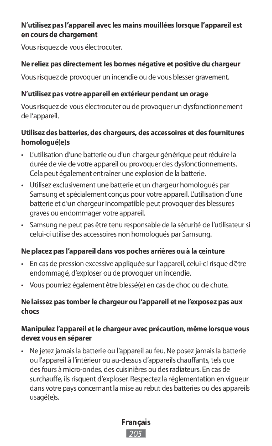 Samsung EB-PJ200BWEGWW, EP-TG930BSEGWW, EP-TG935BSEGWW manual ’utilisez pas votre appareil en extérieur pendant un orage 