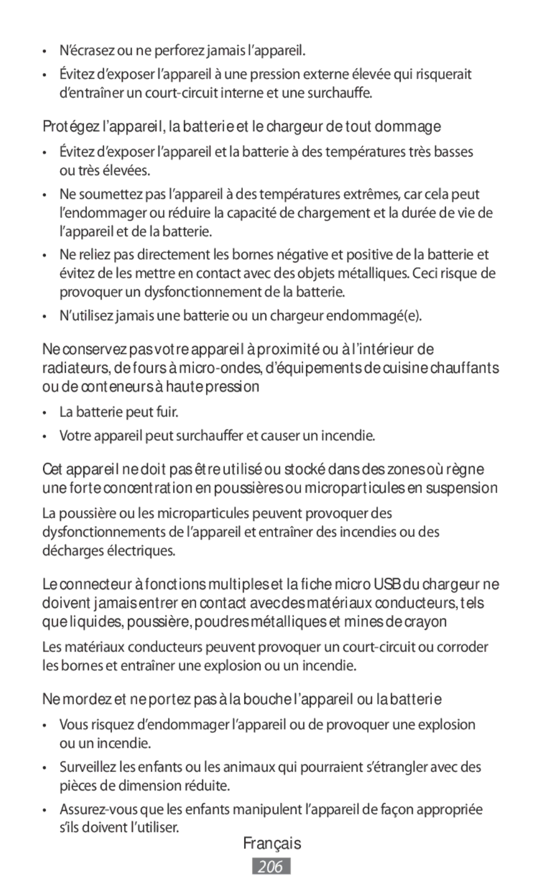 Samsung EB-PA500USEGWW ’écrasez ou ne perforez jamais l’appareil, ’utilisez jamais une batterie ou un chargeur endommagée 