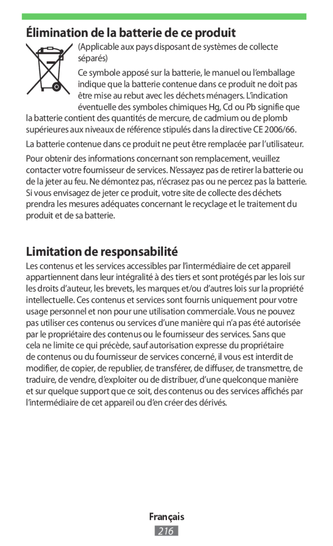 Samsung EP-TG935BBRGRU, EP-TG930BSEGWW manual Élimination de la batterie de ce produit, Limitation de responsabilité 