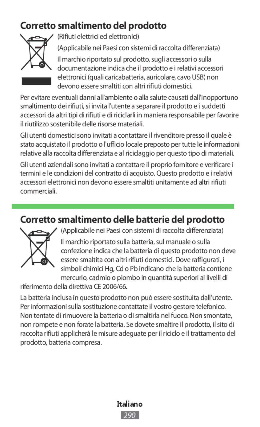 Samsung EB-PA500USEGWW, EP-TG930BSEGWW, EP-TG935BSEGWW Corretto smaltimento del prodotto, Rifiuti elettrici ed elettronici 