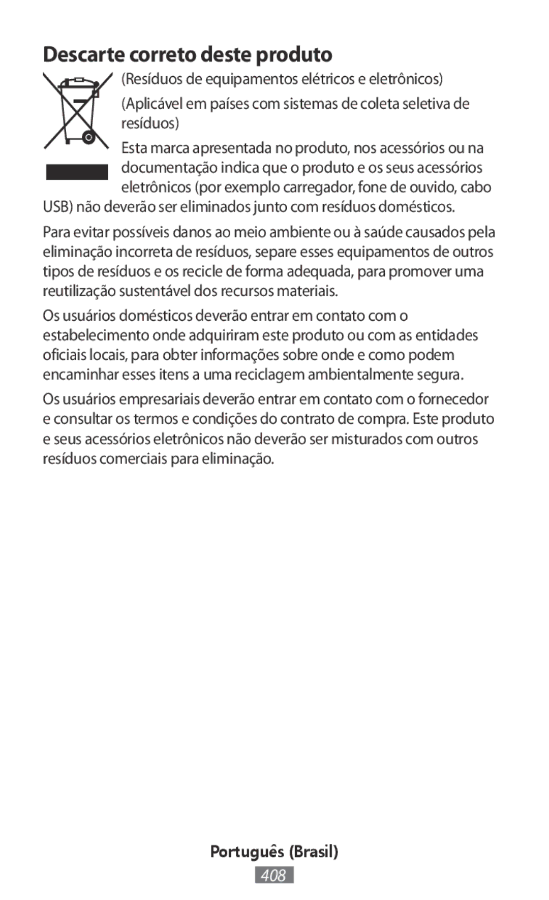 Samsung EB-PN920RLEGWW manual Descarte correto deste produto, USB não deverão ser eliminados junto com resíduos domésticos 