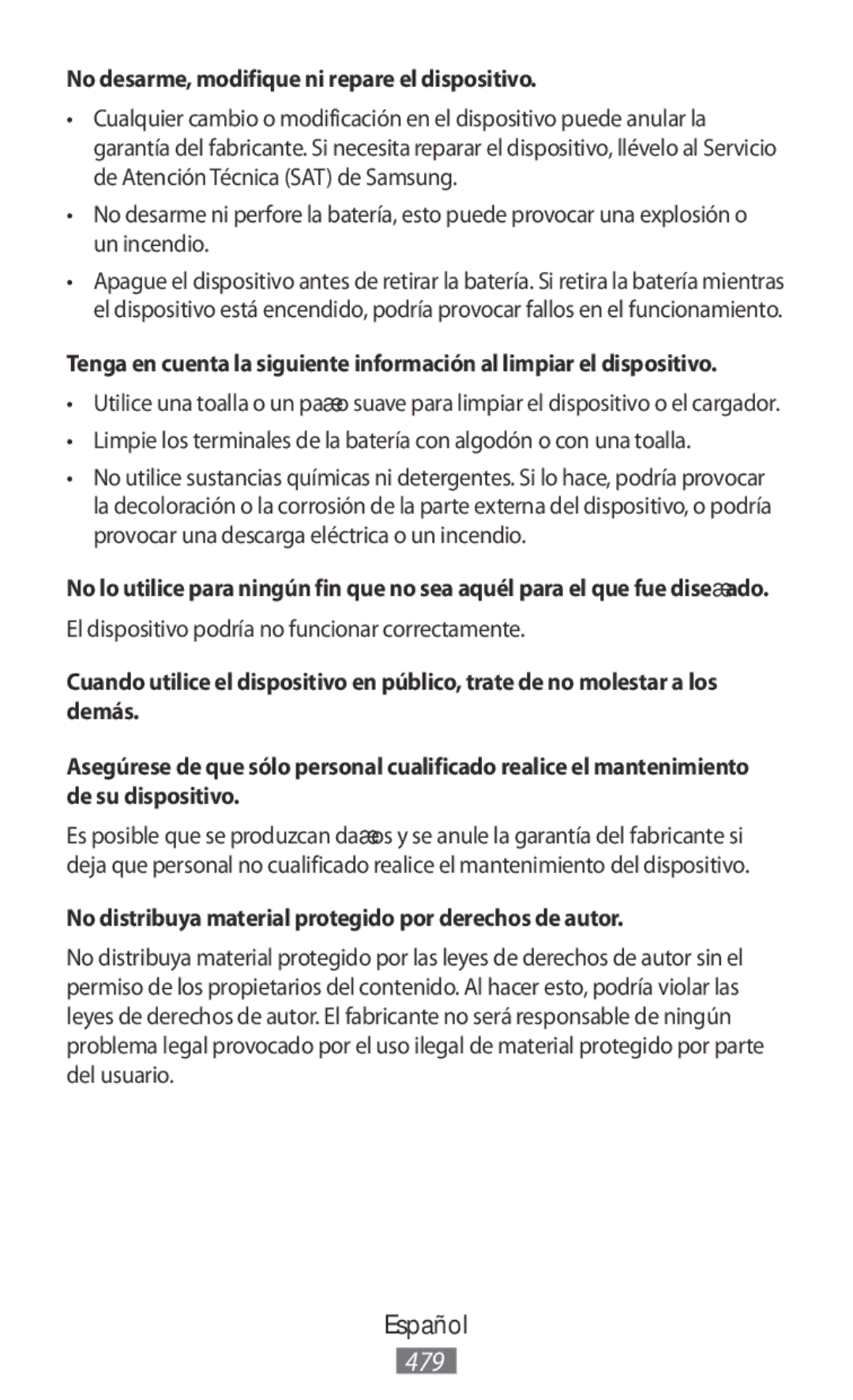 Samsung EB-PN920UFEGWW No desarme, modifique ni repare el dispositivo, El dispositivo podría no funcionar correctamente 