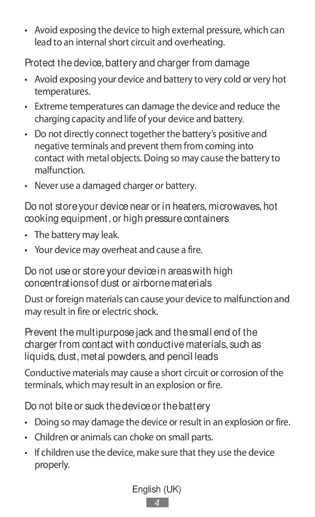 Samsung EB-PA300USEGWW Protect the device, battery and charger from damage, Do not bite or suck the device or the battery 