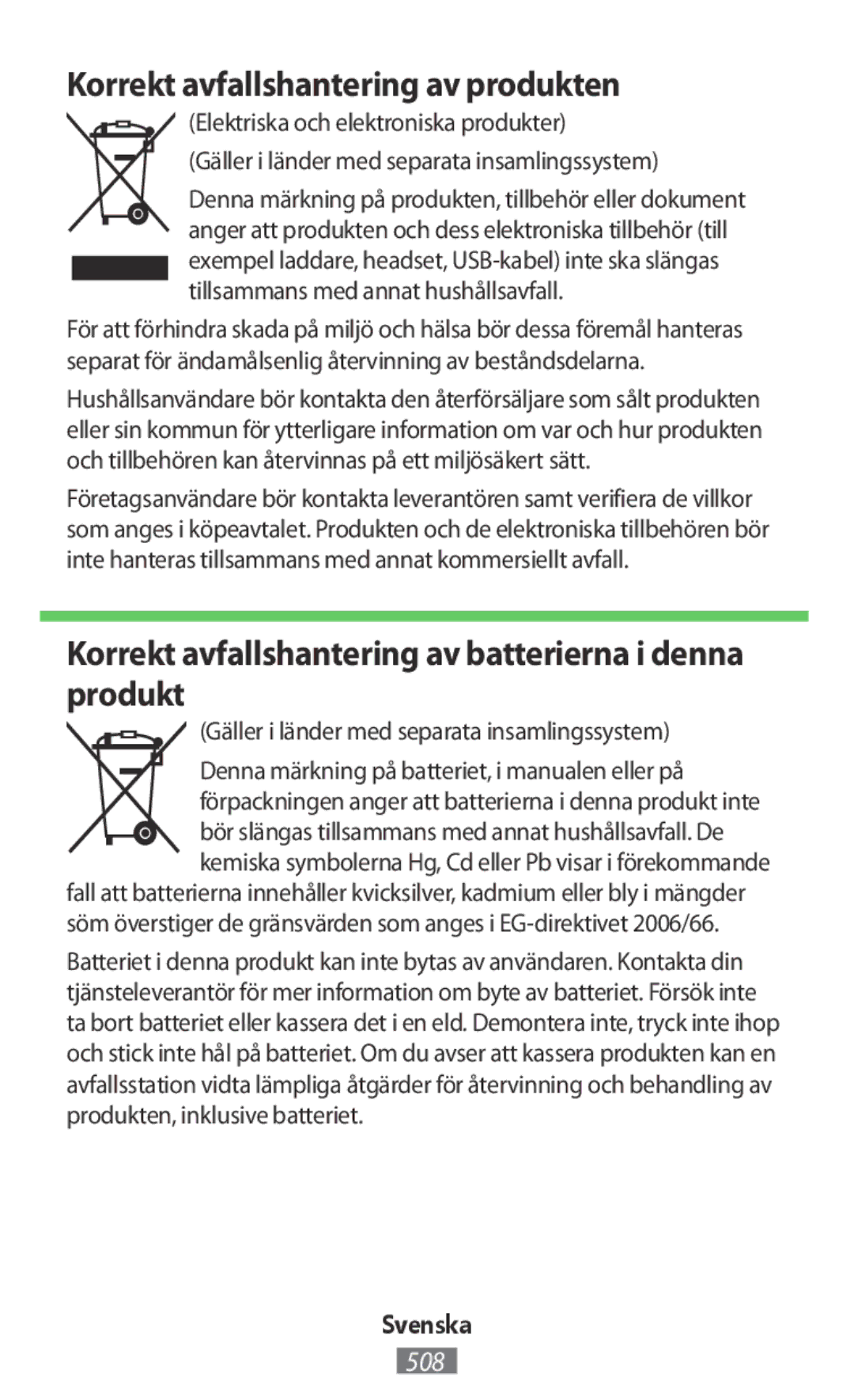 Samsung EB-PA300USEGWW Korrekt avfallshantering av produkten, Korrekt avfallshantering av batterierna i denna produkt 