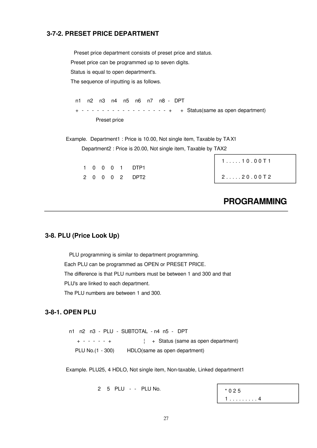 Samsung ER-290 manual Preset Price Department, Dpt 