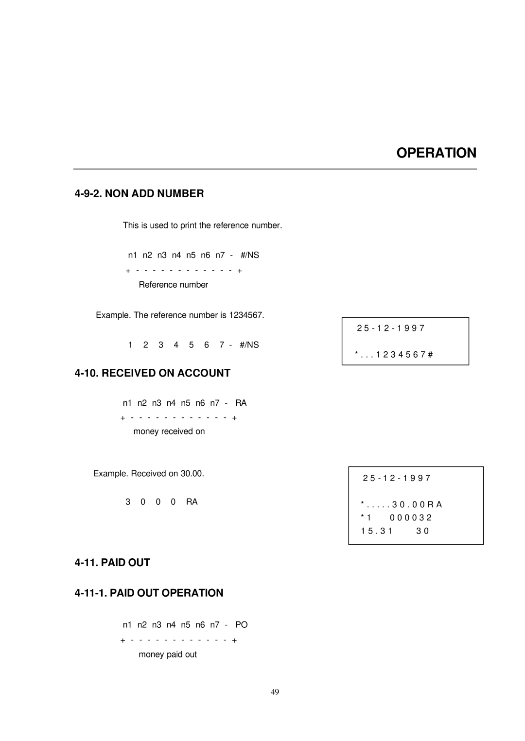 Samsung ER-290 manual NON ADD Number, Received on Account, Paid OUT Operation 