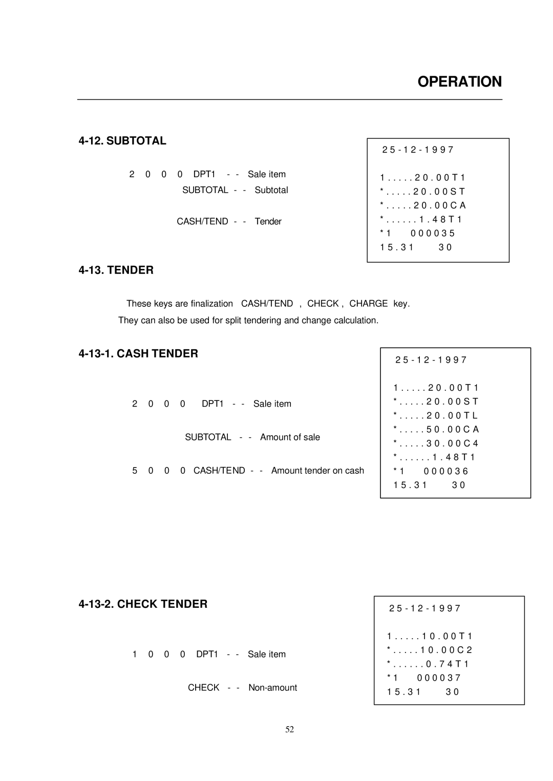 Samsung ER-290 manual Subtotal, Cash Tender, Check Tender 