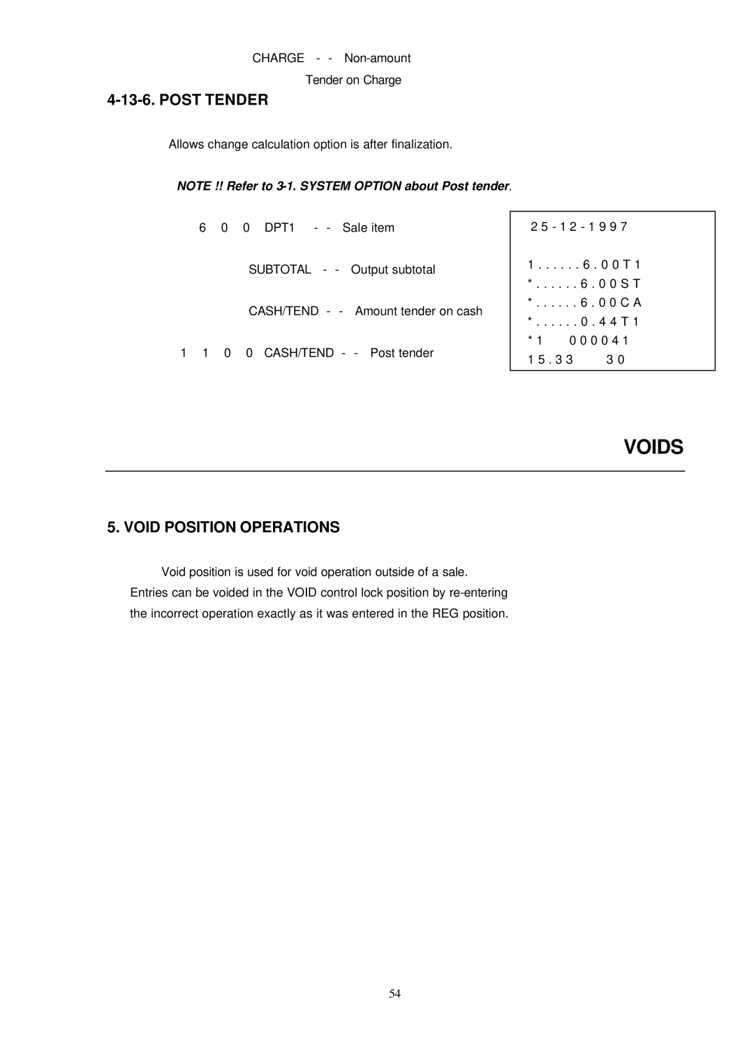 Samsung ER-290 manual Voids, Post Tender, Void Position Operations 