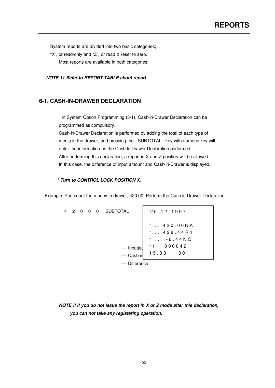 Samsung ER-290 manual Reports, CASH-IN-DRAWER Declaration 