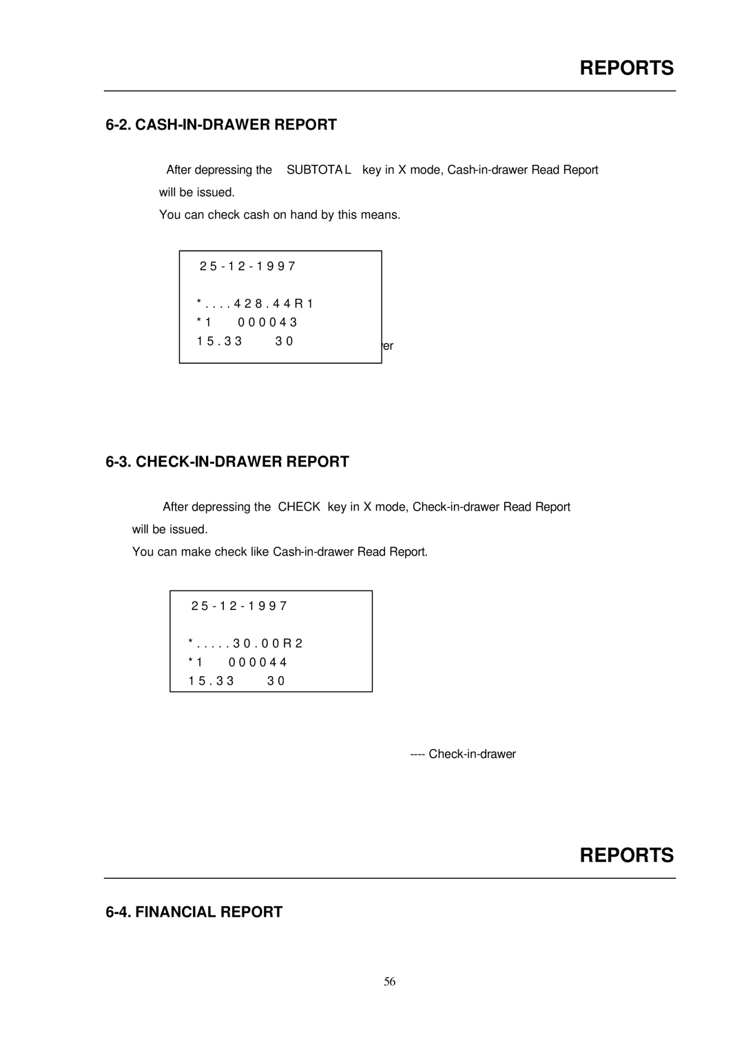 Samsung ER-290 manual CASH-IN-DRAWER Report, CHECK-IN-DRAWER Report, Financial Report 