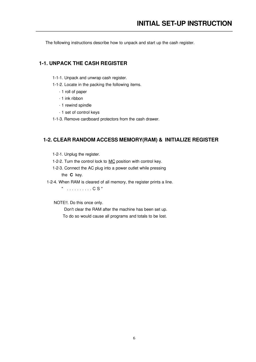 Samsung ER-290 Initial SET-UP Instruction, Unpack the Cash Register, Clear Random Access Memoryram & Initialize Register 