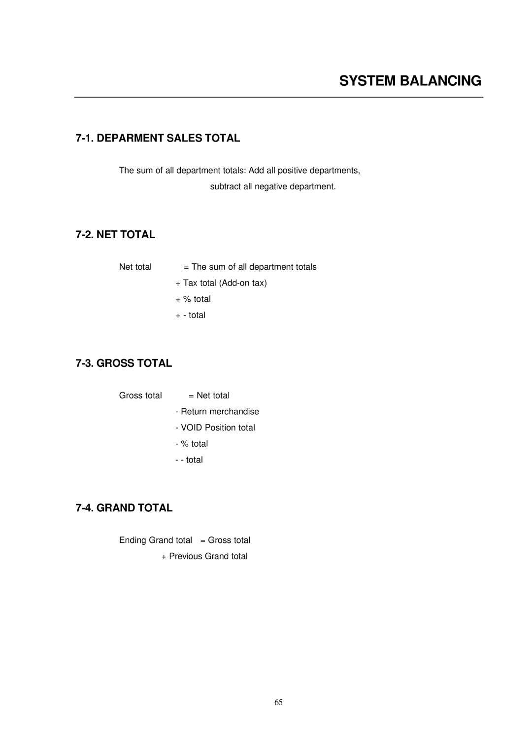 Samsung ER-290 manual System Balancing, Deparment Sales Total, NET Total, Gross Total, Grand Total 