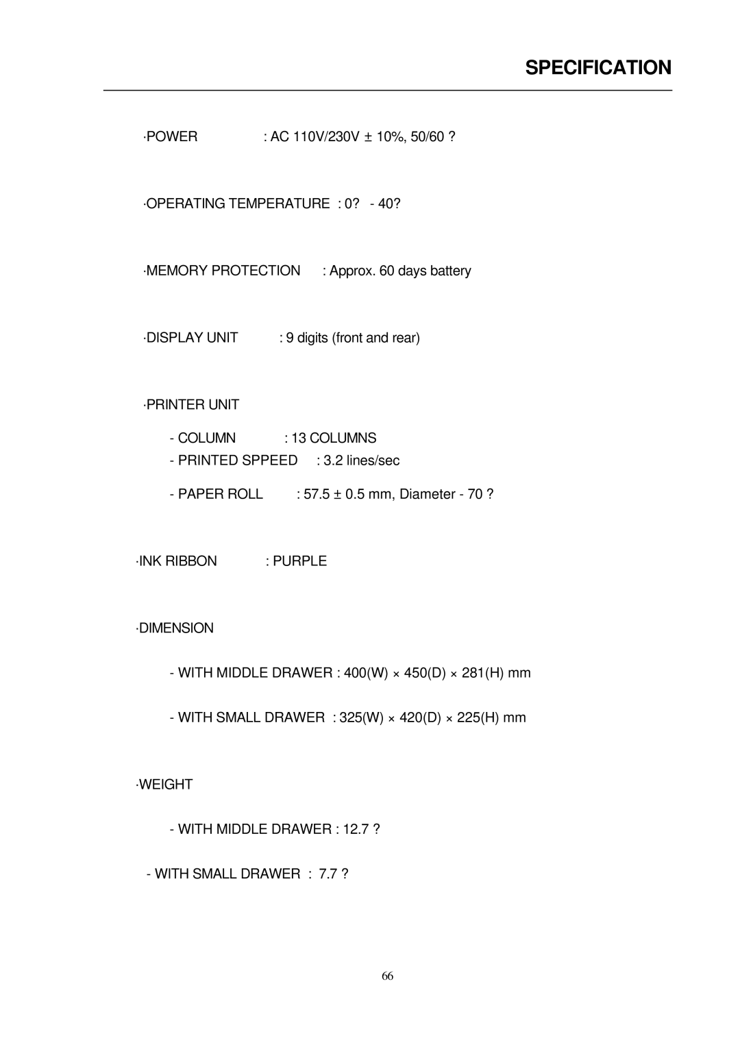 Samsung ER-290 manual Specification 