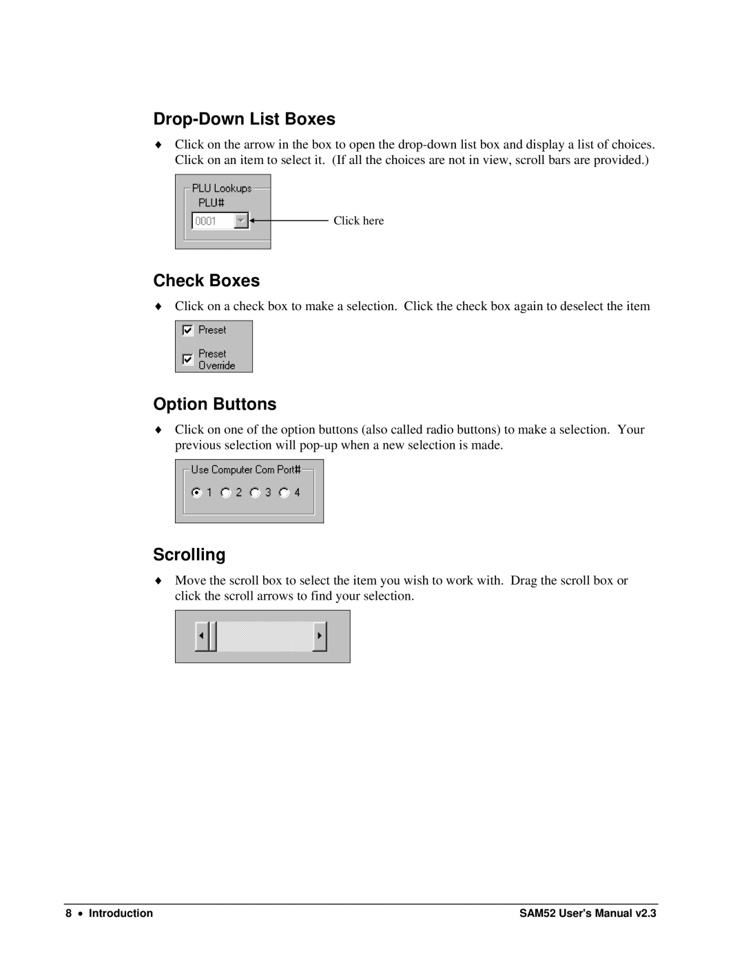 Samsung ER-5200M, SAM52M user manual Drop-Down List Boxes, Check Boxes, Option Buttons, Scrolling 