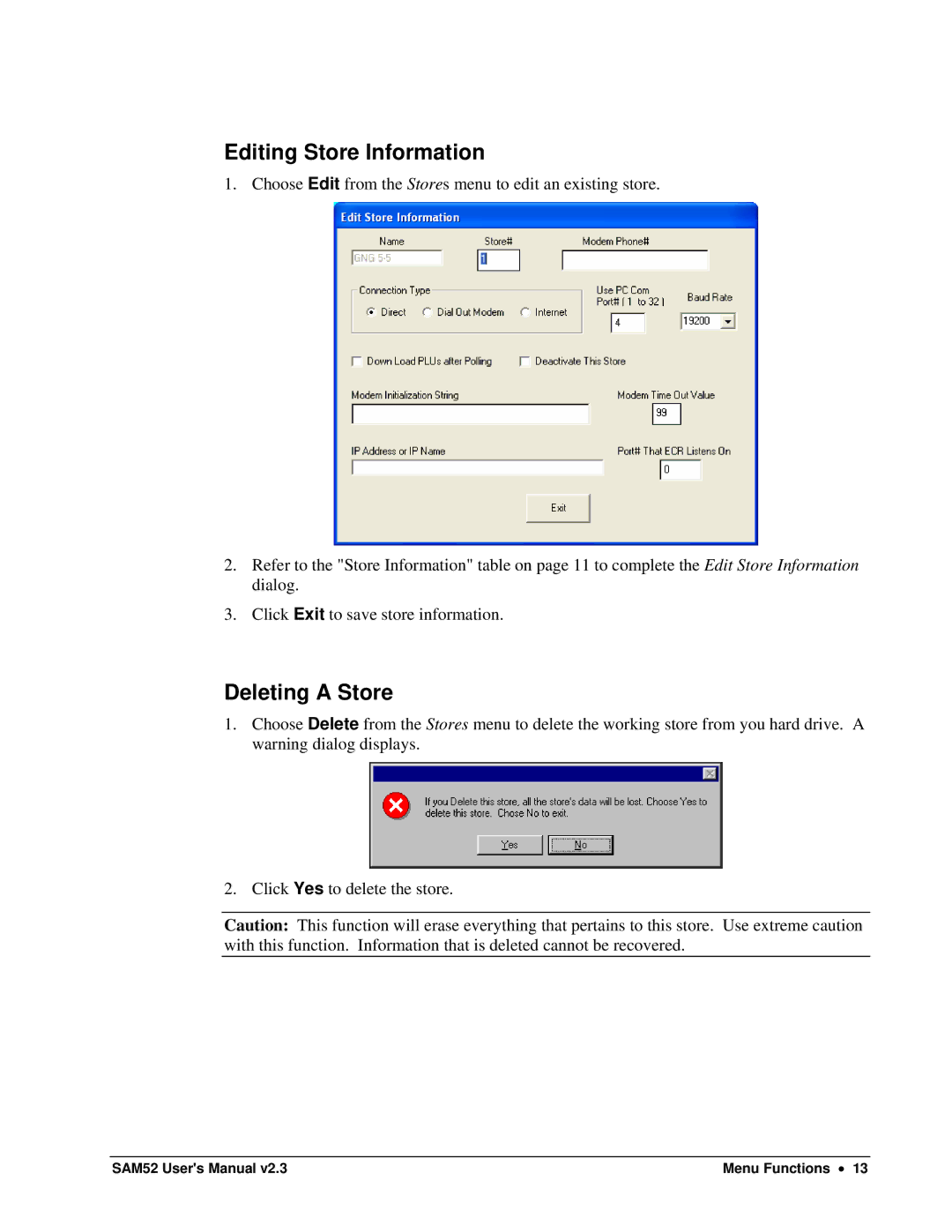 Samsung SAM52M, ER-5200M user manual Editing Store Information, Deleting a Store 