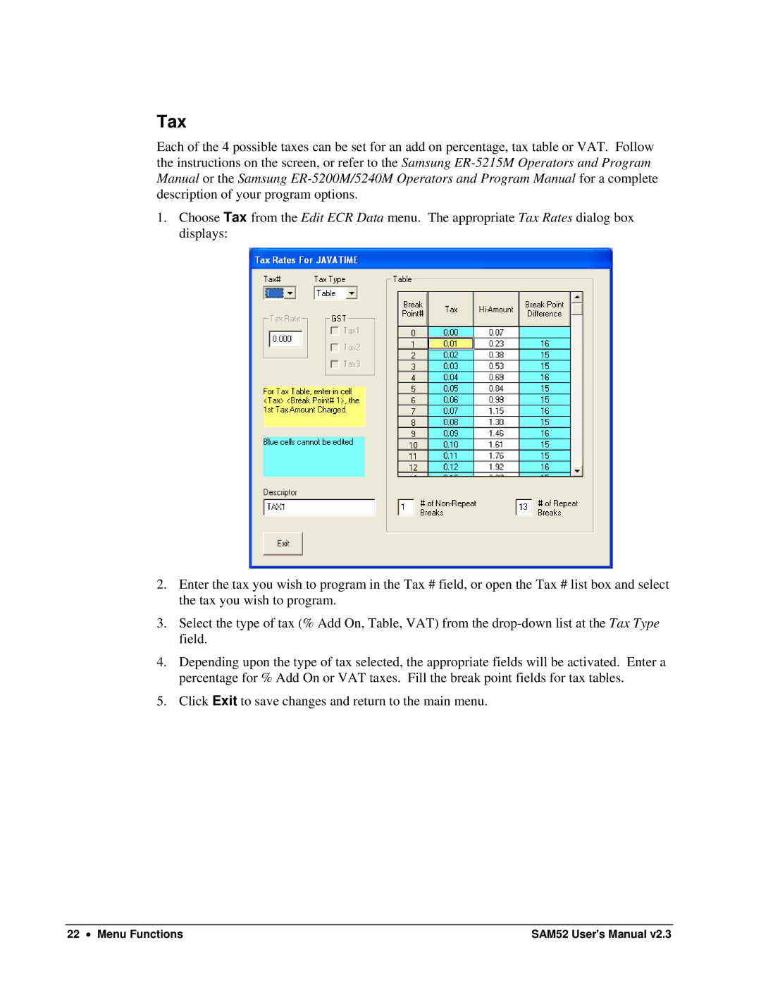 Samsung ER-5200M, SAM52M user manual Tax 