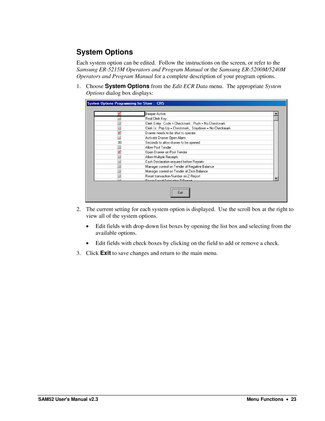 Samsung SAM52M, ER-5200M user manual System Options 