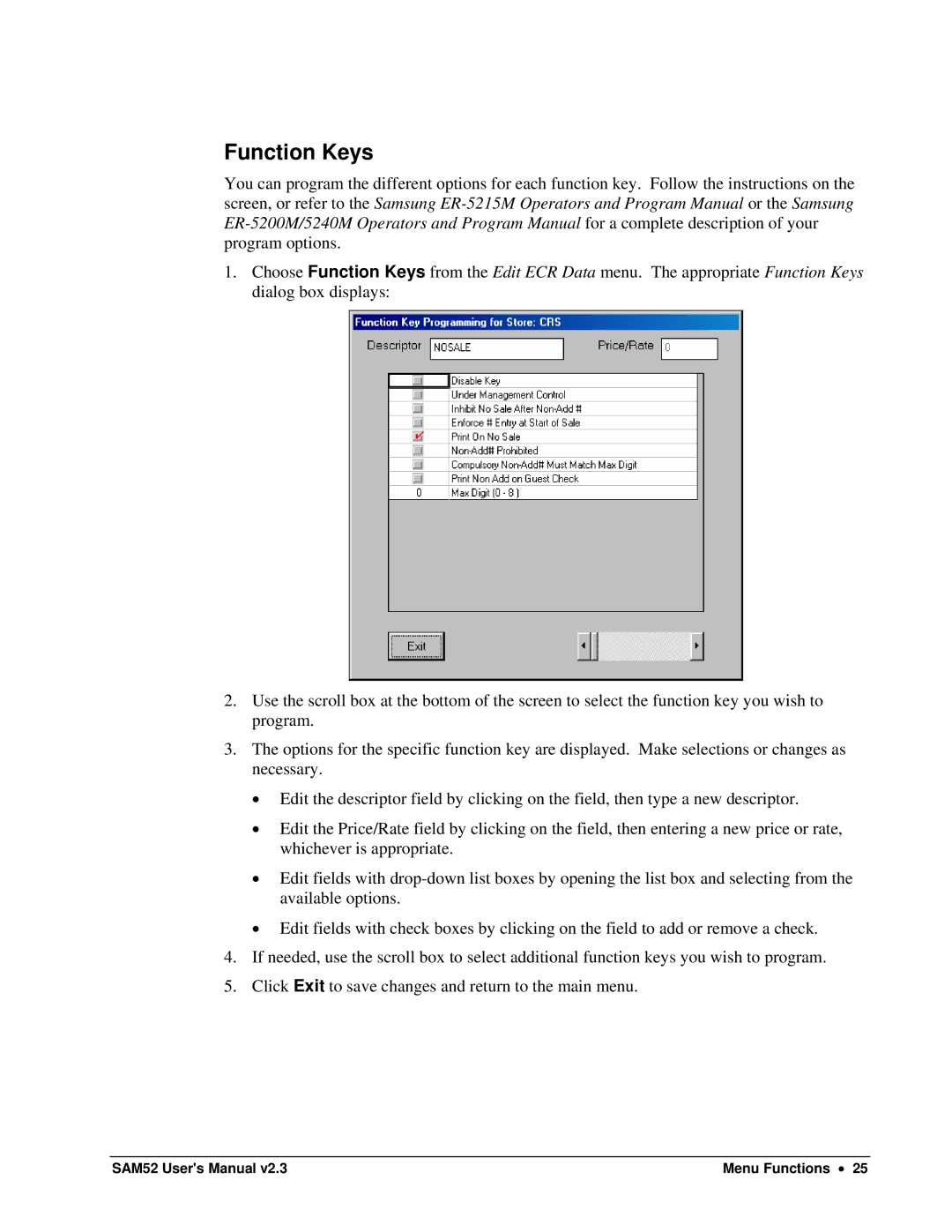 Samsung SAM52M, ER-5200M user manual Function Keys 