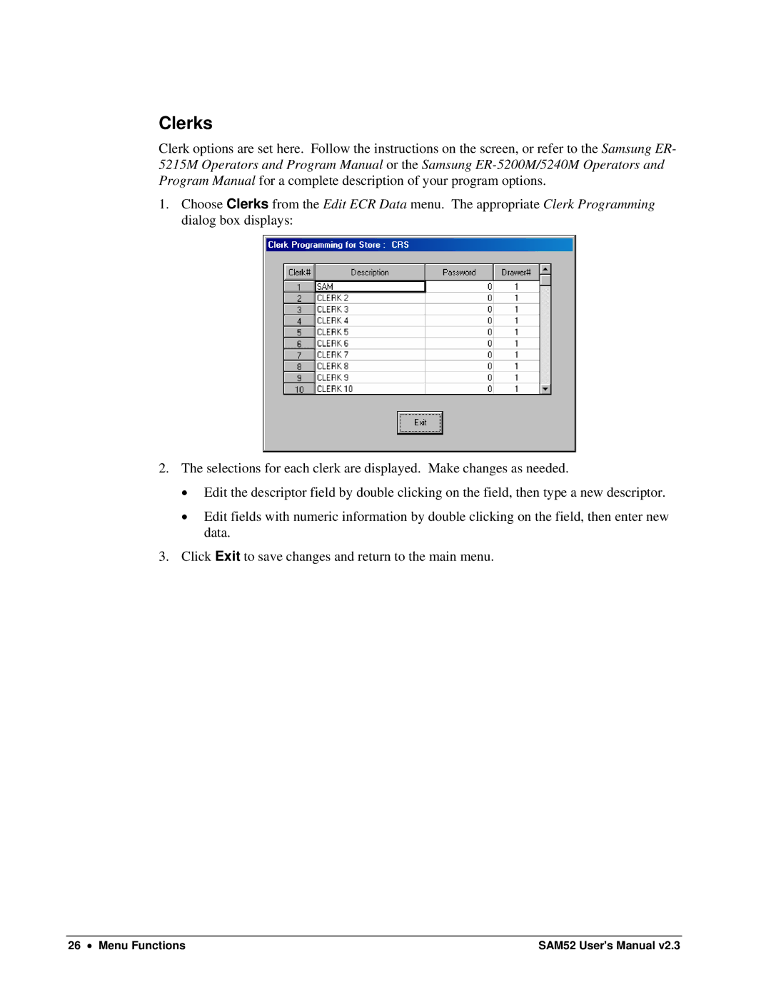 Samsung ER-5200M, SAM52M user manual Clerks 