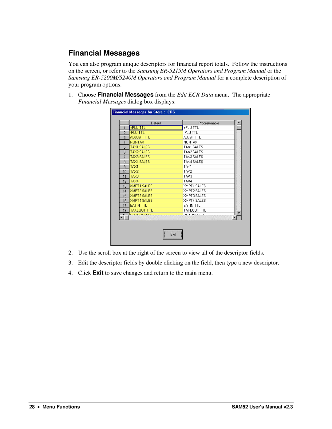 Samsung ER-5200M, SAM52M user manual Financial Messages 