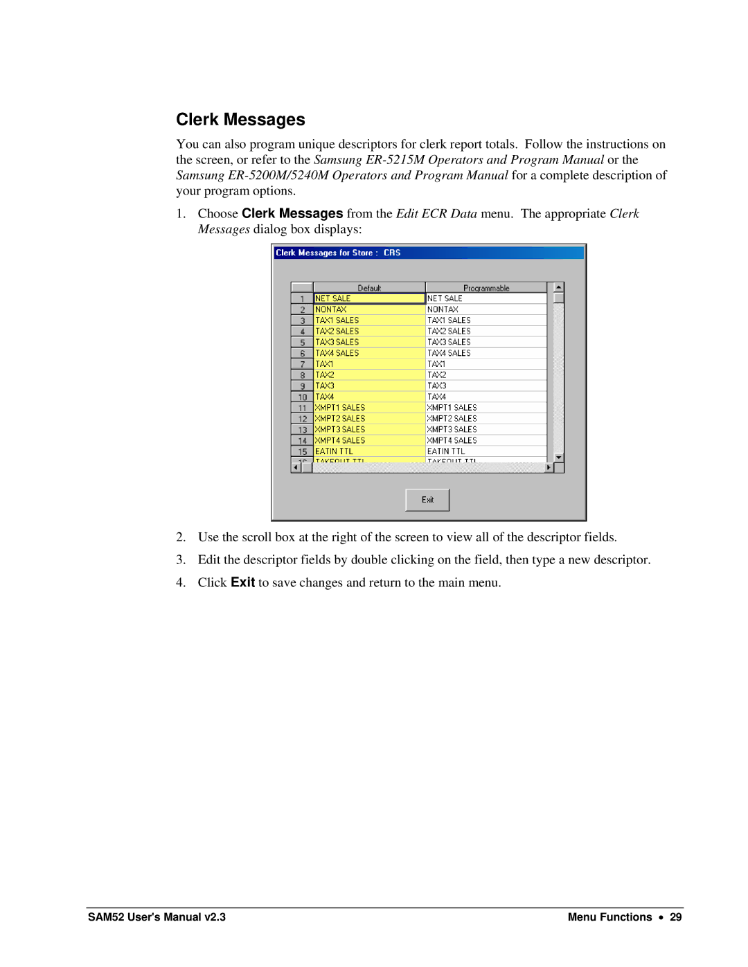 Samsung SAM52M, ER-5200M user manual Clerk Messages 