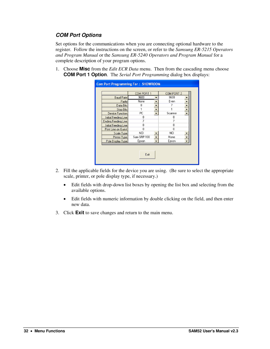 Samsung ER-5200M, SAM52M user manual COM Port Options 