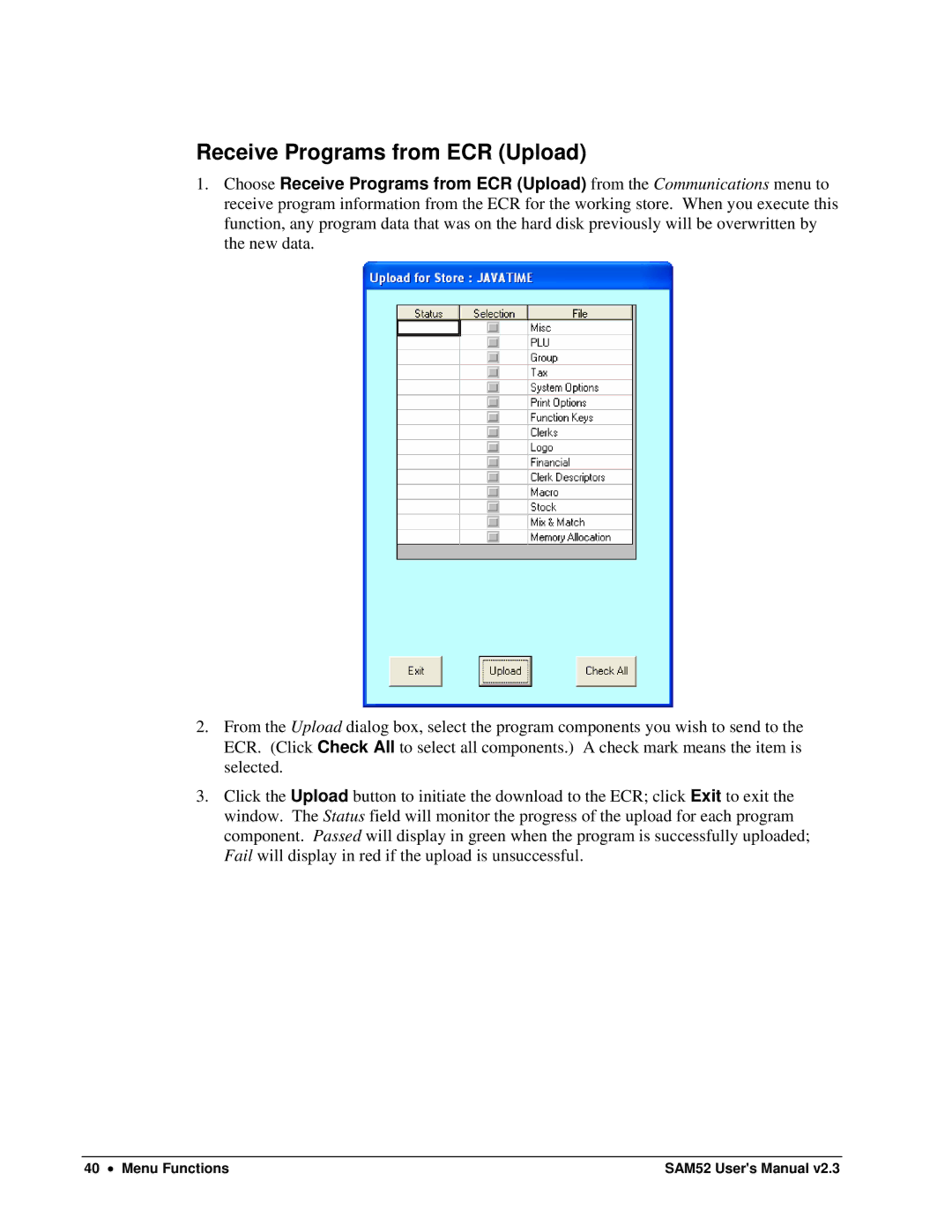 Samsung ER-5200M, SAM52M user manual Receive Programs from ECR Upload 